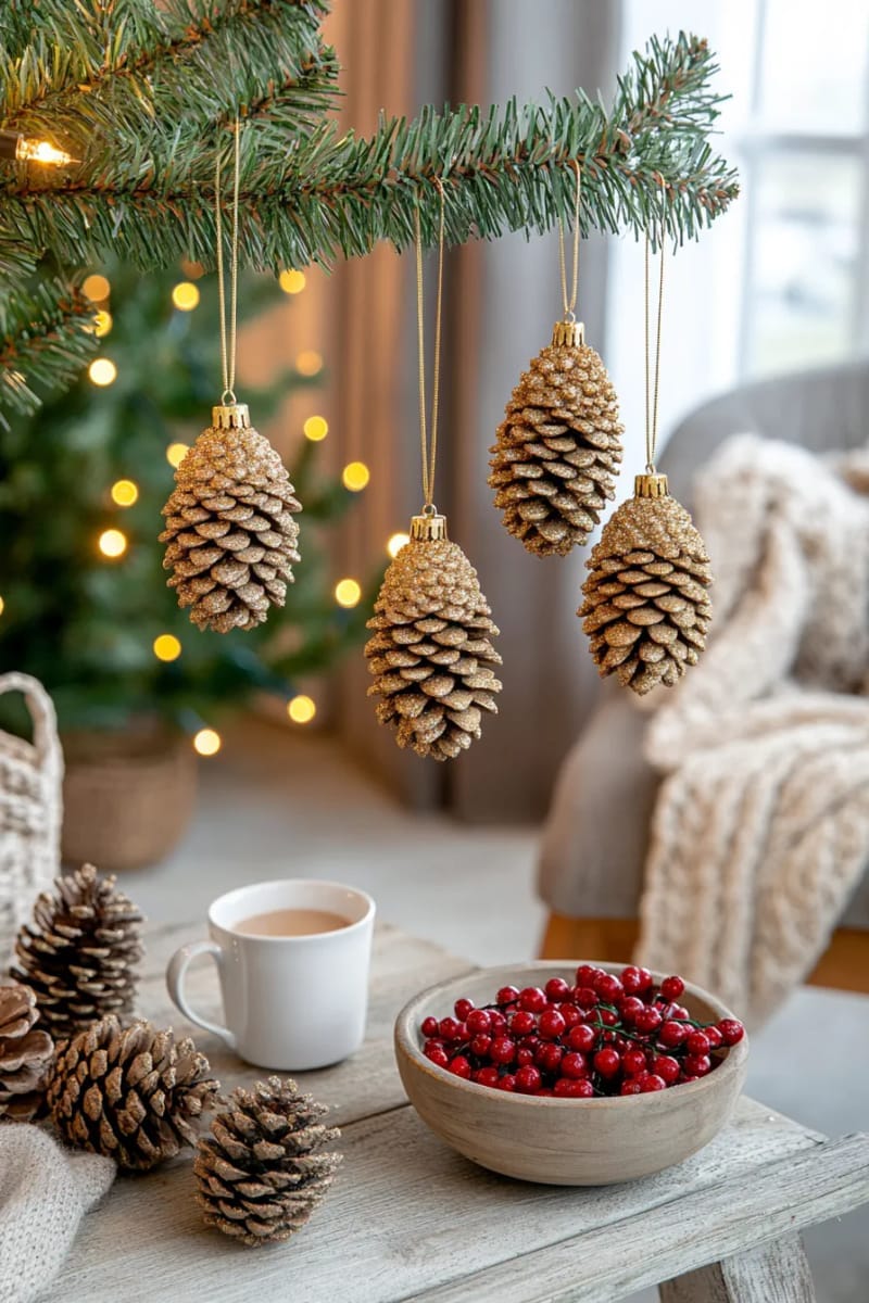 27 Unique Christmas Craft Decorations for Inspired Homes 91 glitter-dipped pinecone tree ornaments with jute string hangers 1