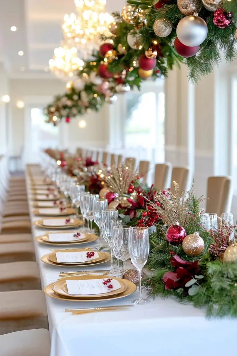 glittering bauble ceiling installation above a formal holiday gathering space 1 glittering bauble ceiling installation above a formal holiday gathering space 1