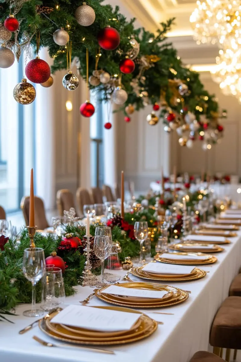 glittering bauble ceiling installation above a formal holiday gathering space 1 glittering bauble ceiling installation above a formal holiday gathering space 1
