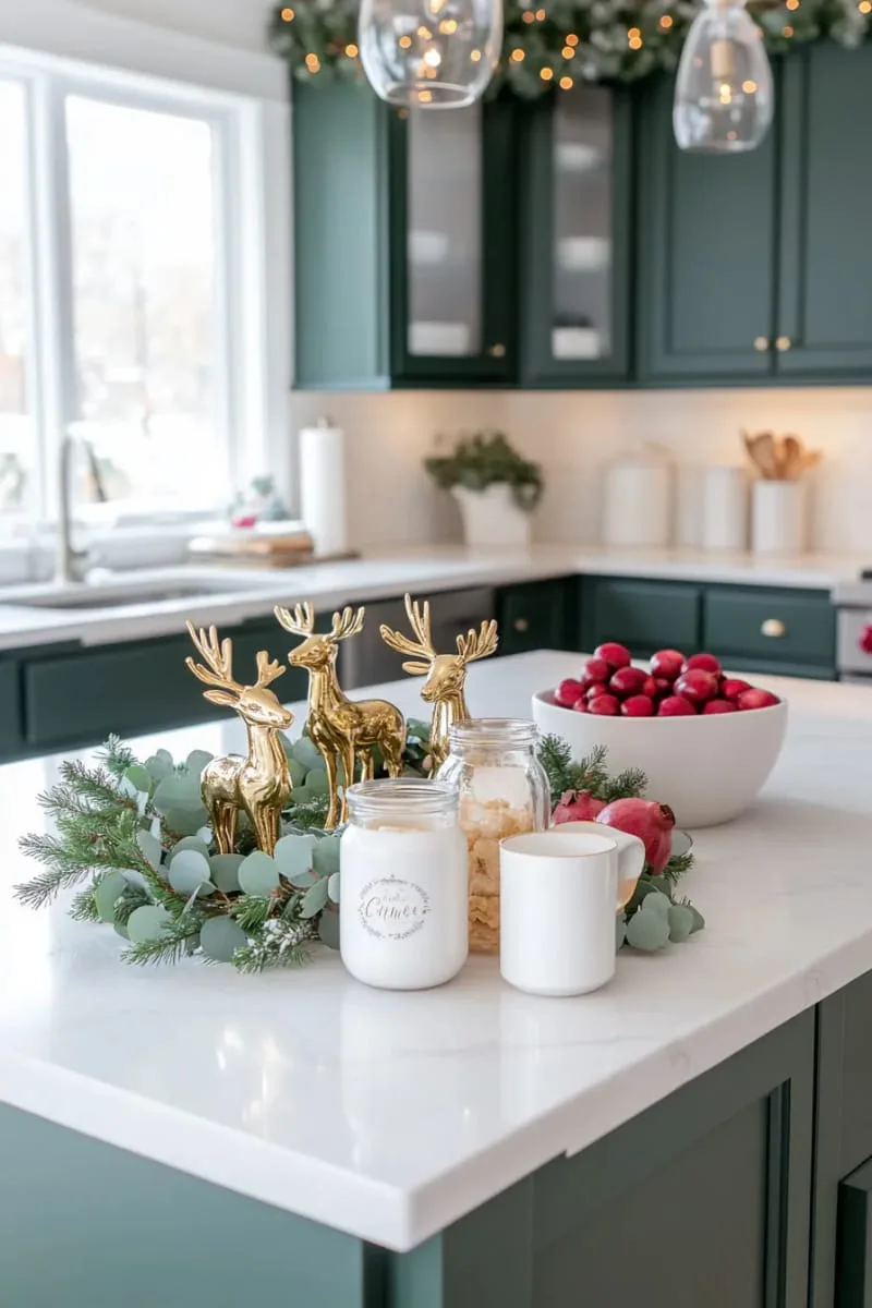23 Christmas Countertop Decor Ideas Guests Can’t Stop Talking About 58 glittering gold reindeer figurines nestled among eucalyptus branches 1