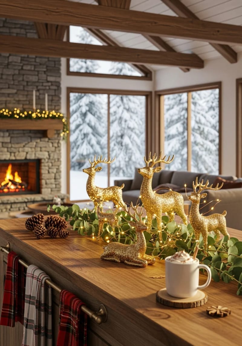 23 Christmas Countertop Decor Ideas Guests Can’t Stop Talking About 39 glittering gold reindeer figurines nestled among eucalyptus branches 1