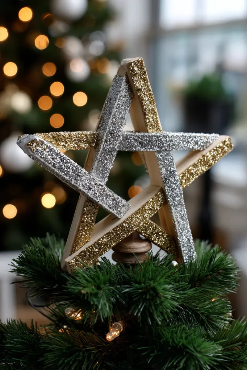 glittery 3d star crafted from popsicle sticks for tree toppers 1