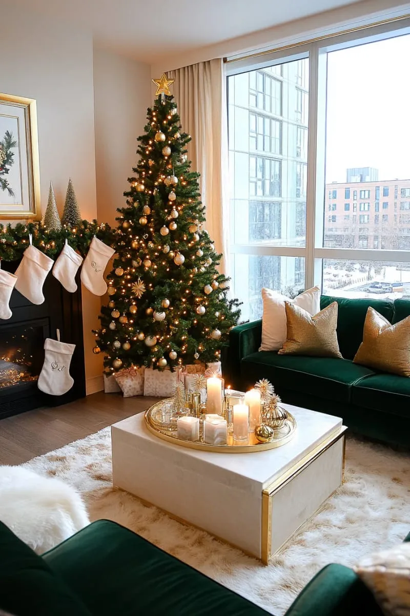 glittery gold baubles and twinkling fairy lights on evergreen branches 1