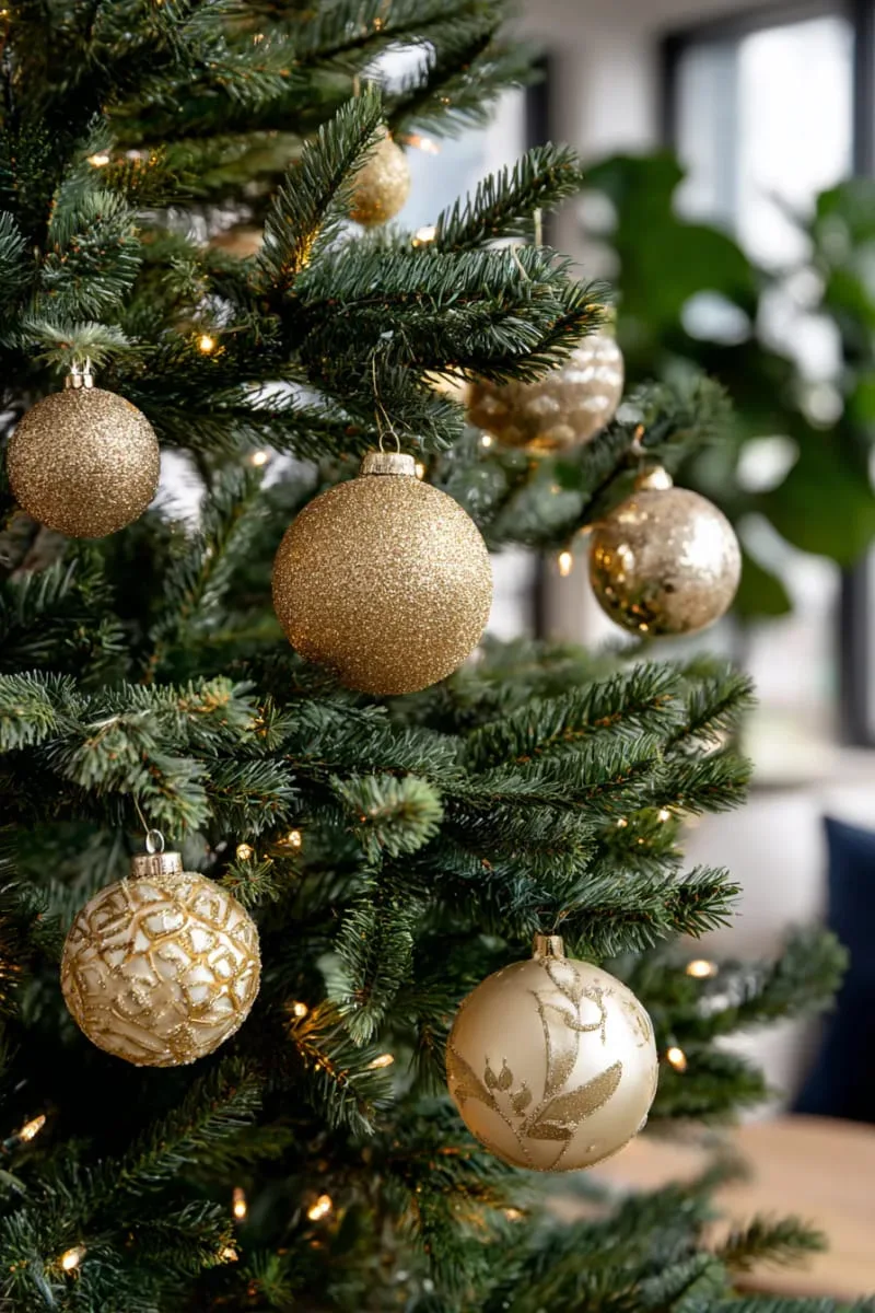 glittery gold baubles and twinkling fairy lights on evergreen branches 1
