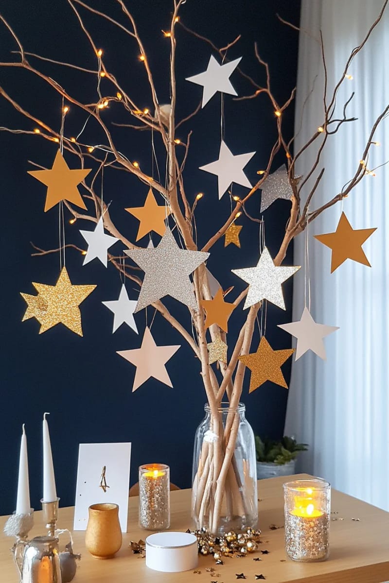 27 Unique Christmas Craft Decorations for Inspired Homes 42 glittery paper stars suspended from branches for an indoor starry night 1