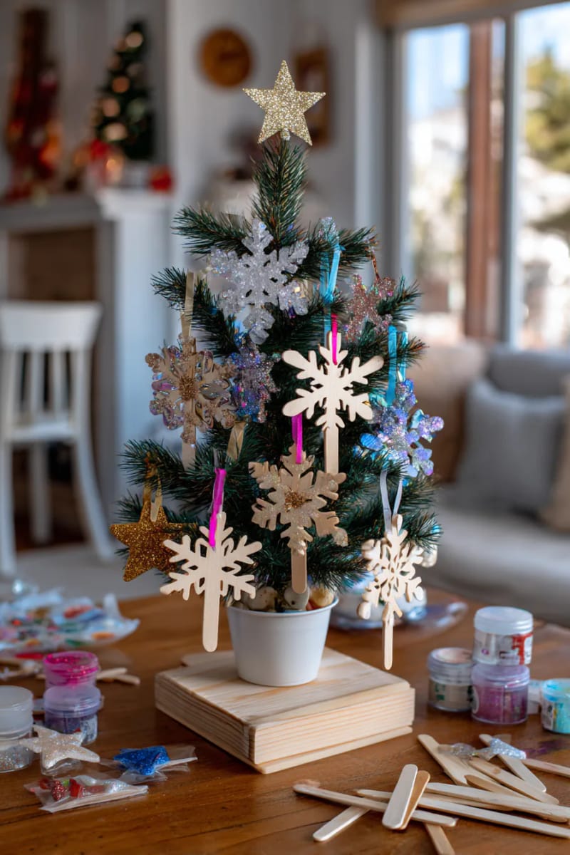 23 Kids Christmas Tree Ideas Full of Color, Whimsy, and Holiday Cheer 45 glittery snowflake and star ornaments made from popsicle sticks on a mini tree 1