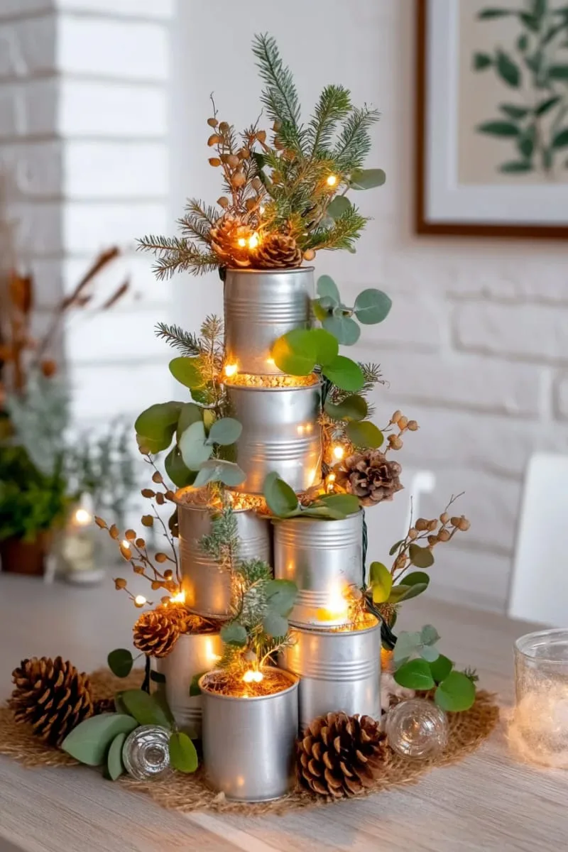 27 Sustainable Christmas Trees For Cheap and Eco-Friendly Decor 51 glue upcycled tin cans in a tree shape and fill with lights and greenery. 1
