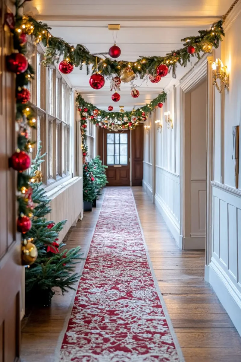 gold and red bauble garland running along hallway ceilings 1