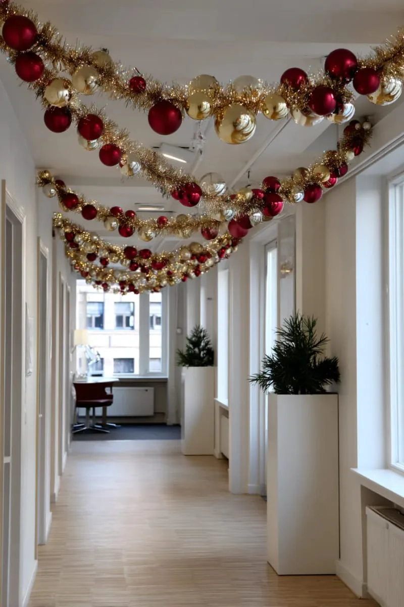 gold and red bauble garland running along hallway ceilings 1