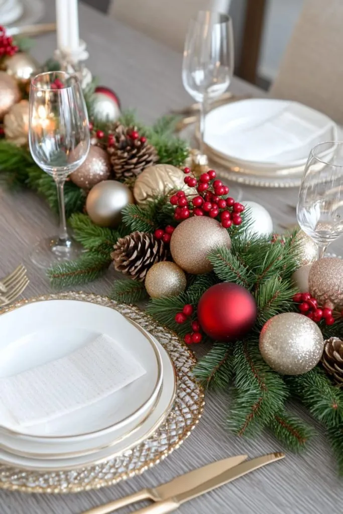 Gold and red ornament garland with mini pine sprig 5