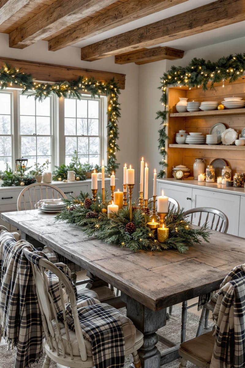 gold and silver candle clusters with evergreen sprigs for dining table 1