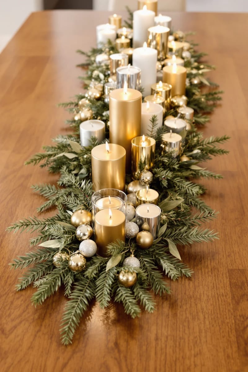 gold and silver candle clusters with evergreen sprigs for dining table 1