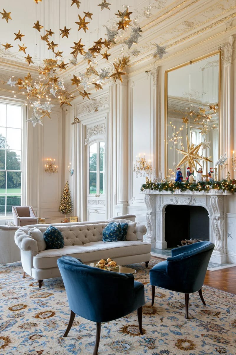 27 Vintage Christmas Decorations You'll Love 40 gold and silver tinsel stars hanging from the ceiling for a dreamy glow 1