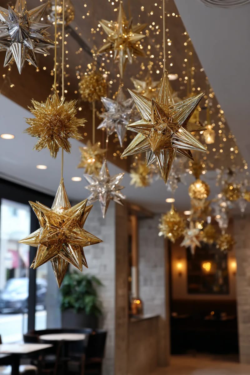 27 Vintage Christmas Decorations You'll Love 41 gold and silver tinsel stars hanging from the ceiling for a dreamy glow 1