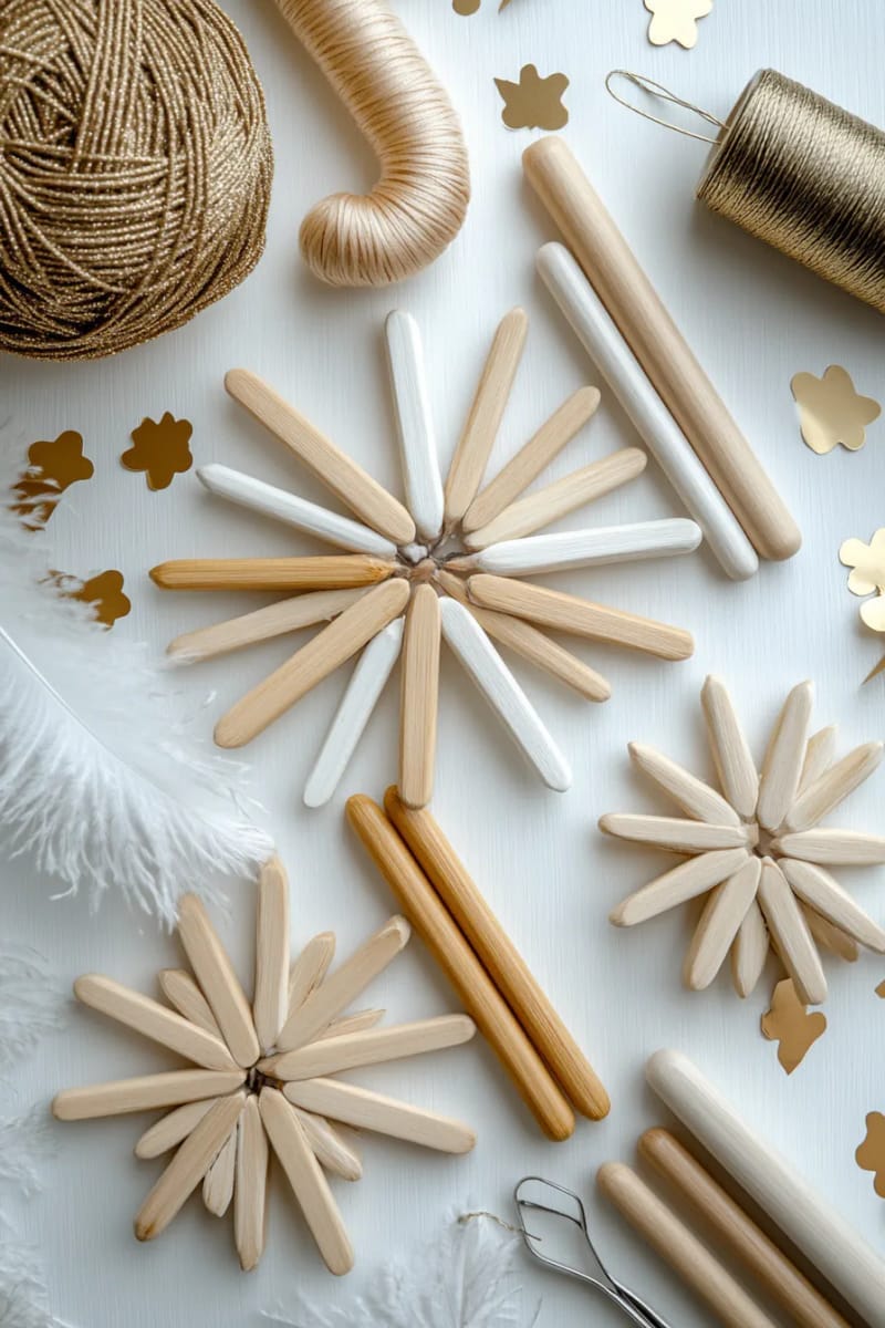 27 Unique Christmas Craft Decorations for Inspired Homes 96 gold and white starburst ornaments made from popsicle sticks 1