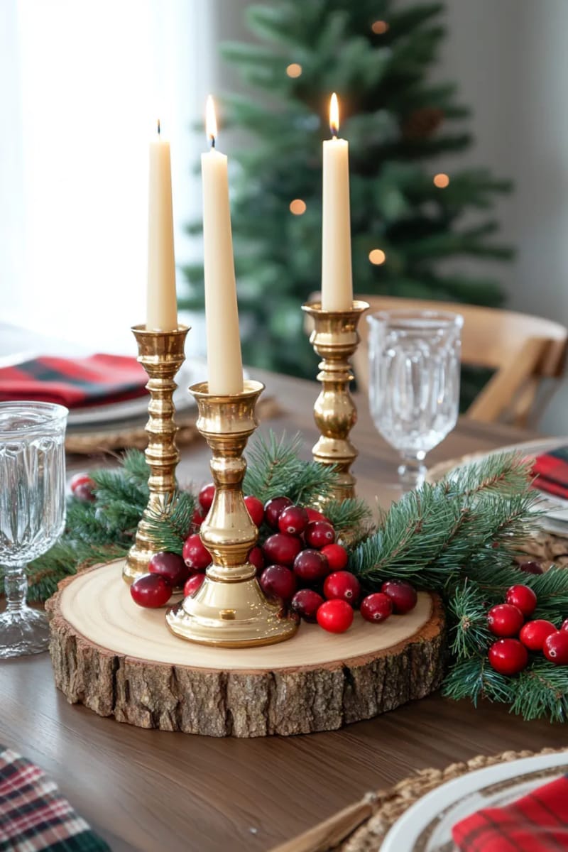 23 Christmas Table Centerpiece Ideas for a Magical Holiday Setting 9 gold candlesticks surrounded by fresh cranberries and pine sprigs 1