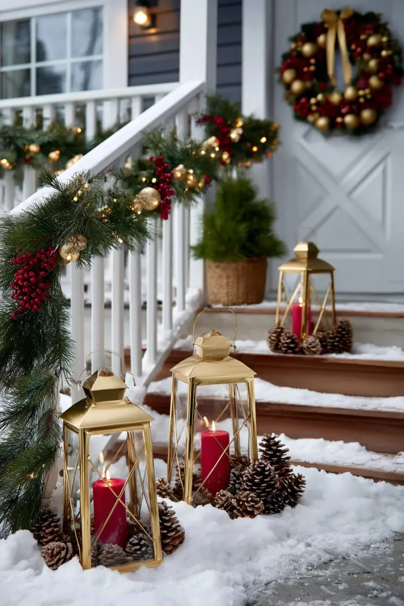 gold lanterns with red candles illuminating snowy steps and pinecone arrangements 1