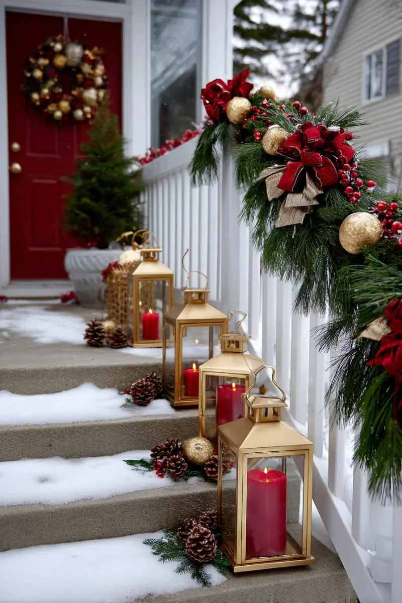 gold lanterns with red candles illuminating snowy steps and pinecone arrangements 1