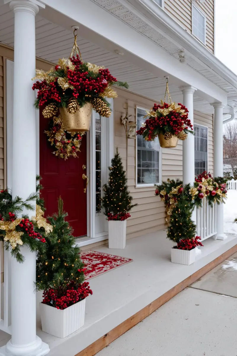 gold-painted pinecones and red berries cascading from hanging baskets above columns 1