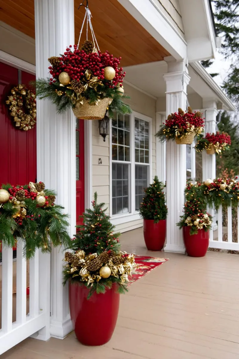 gold-painted pinecones and red berries cascading from hanging baskets above columns 1