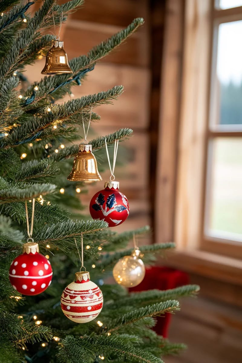 golden bells and vintage ornaments on a deep green christmas tree 1