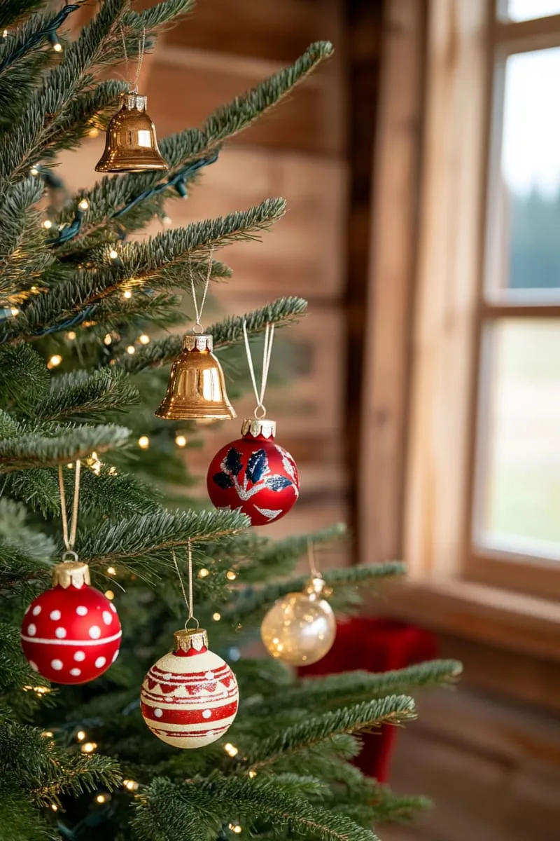 25 Traditional Christmas Decor Ideas with a Nostalgic Vintage Touch 10 golden bells and vintage ornaments on a deep green christmas tree 1