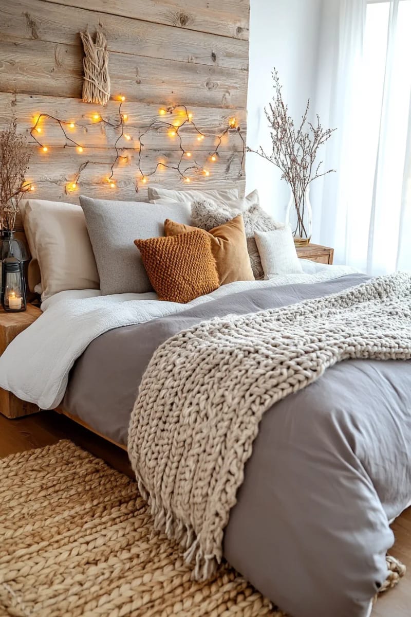 golden fairy lights strung above a rustic wood-paneled bedroom 1
