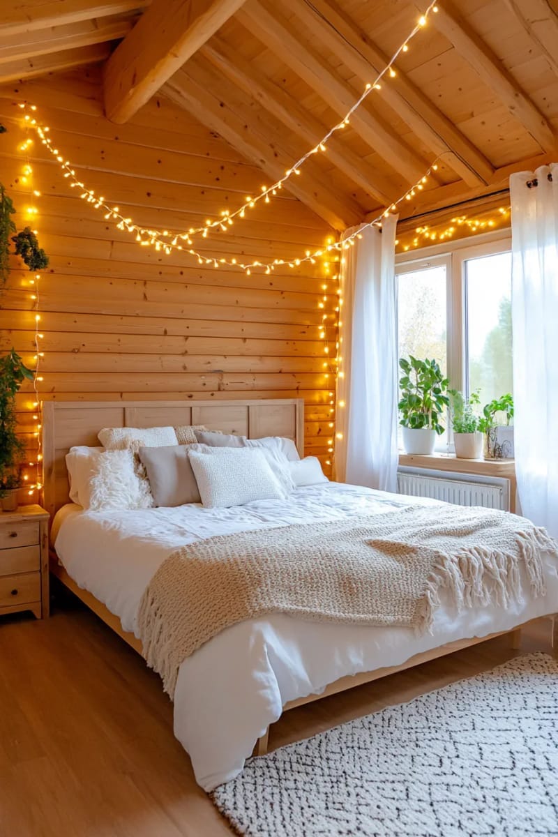 golden fairy lights strung above a rustic wood-paneled bedroom 1