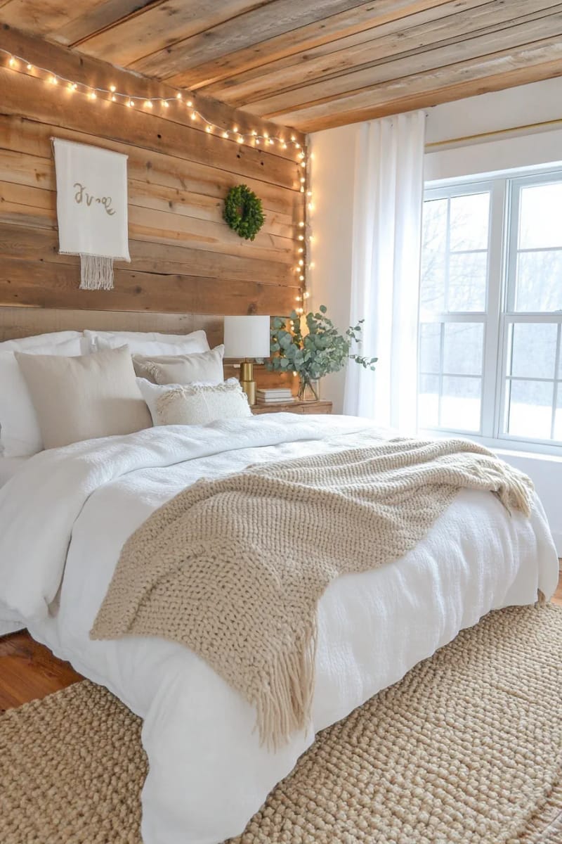 golden fairy lights strung above a rustic wood-paneled bedroom 1