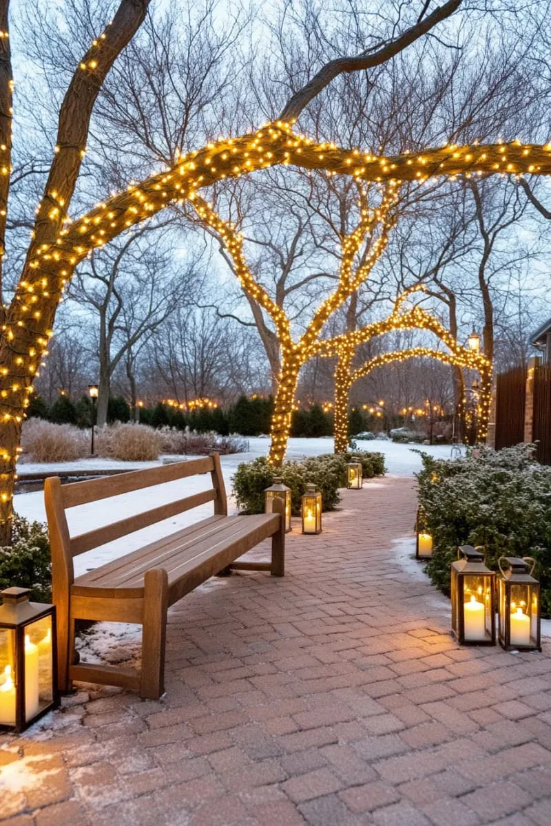 23 Exterior Christmas Decor Ideas Guests Will Remember All Season Long 40 golden fairy lights woven into bare garden trees for a magical winter glow 1