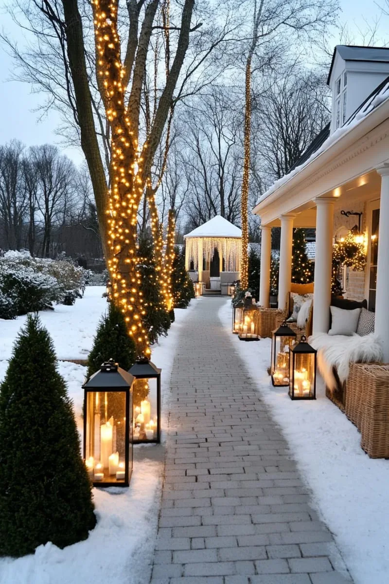 23 Exterior Christmas Decor Ideas Guests Will Remember All Season Long 41 golden fairy lights woven into bare garden trees for a magical winter glow 1