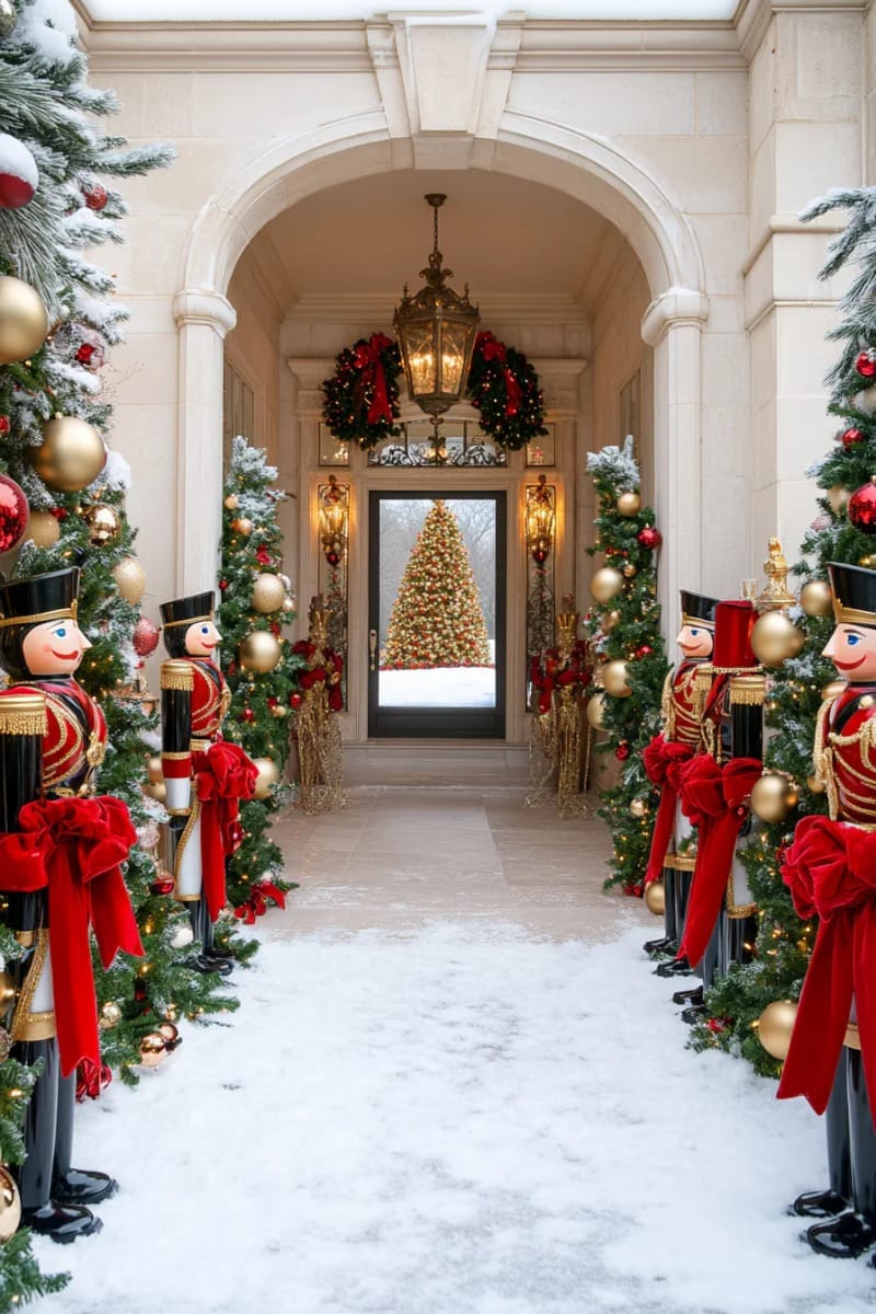 golden nutcracker soldiers flanking a lantern-lit snowy front walkway 1