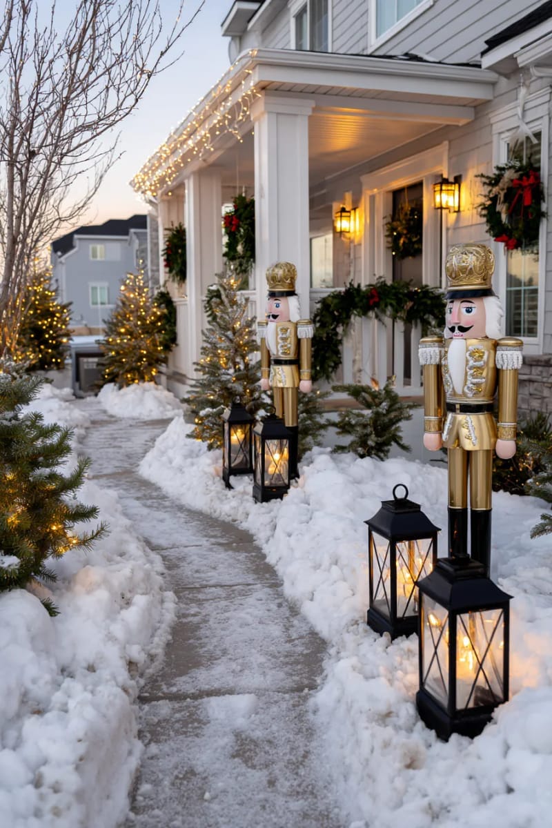 golden nutcracker soldiers flanking a lantern-lit snowy front walkway 1