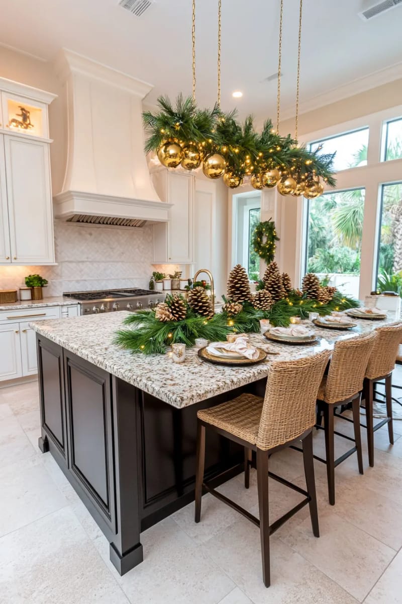 23 Christmas Kitchen Island Decor Ideas That Bring Instant Holiday Charm 3 golden pinecones and green garland centerpiece with pearl ornaments for island elegance 1
