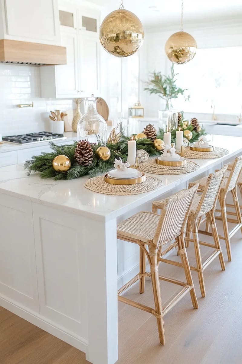 23 Christmas Kitchen Island Decor Ideas That Bring Instant Holiday Charm 4 golden pinecones and green garland centerpiece with pearl ornaments for island elegance 1