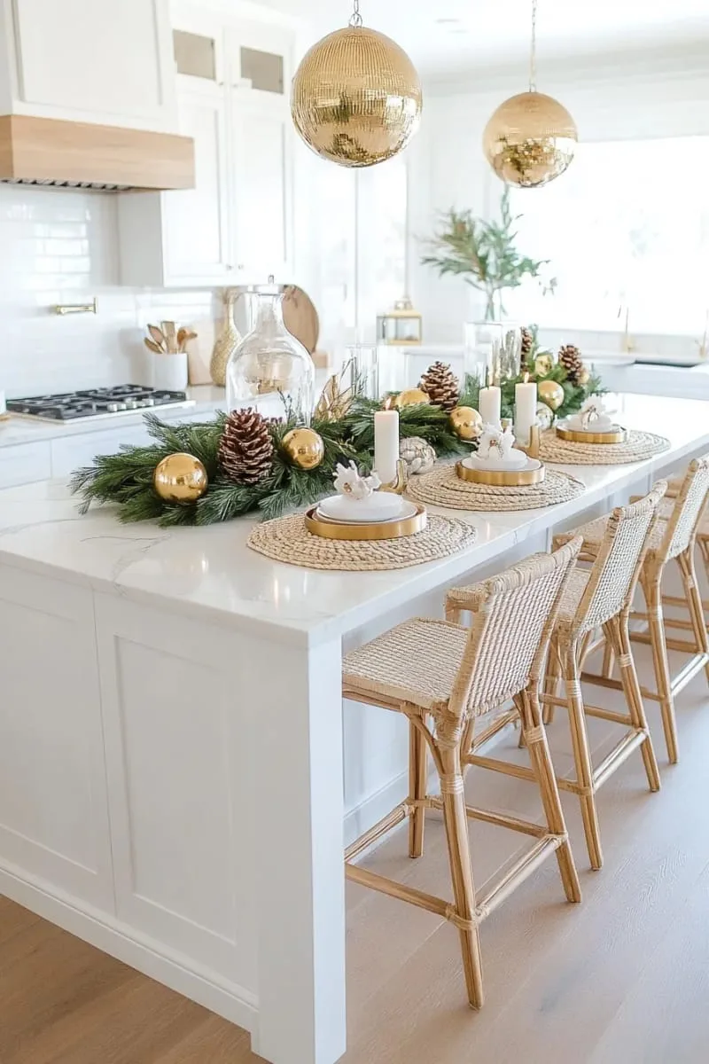 golden pinecones and green garland centerpiece with pearl ornaments for island elegance 1