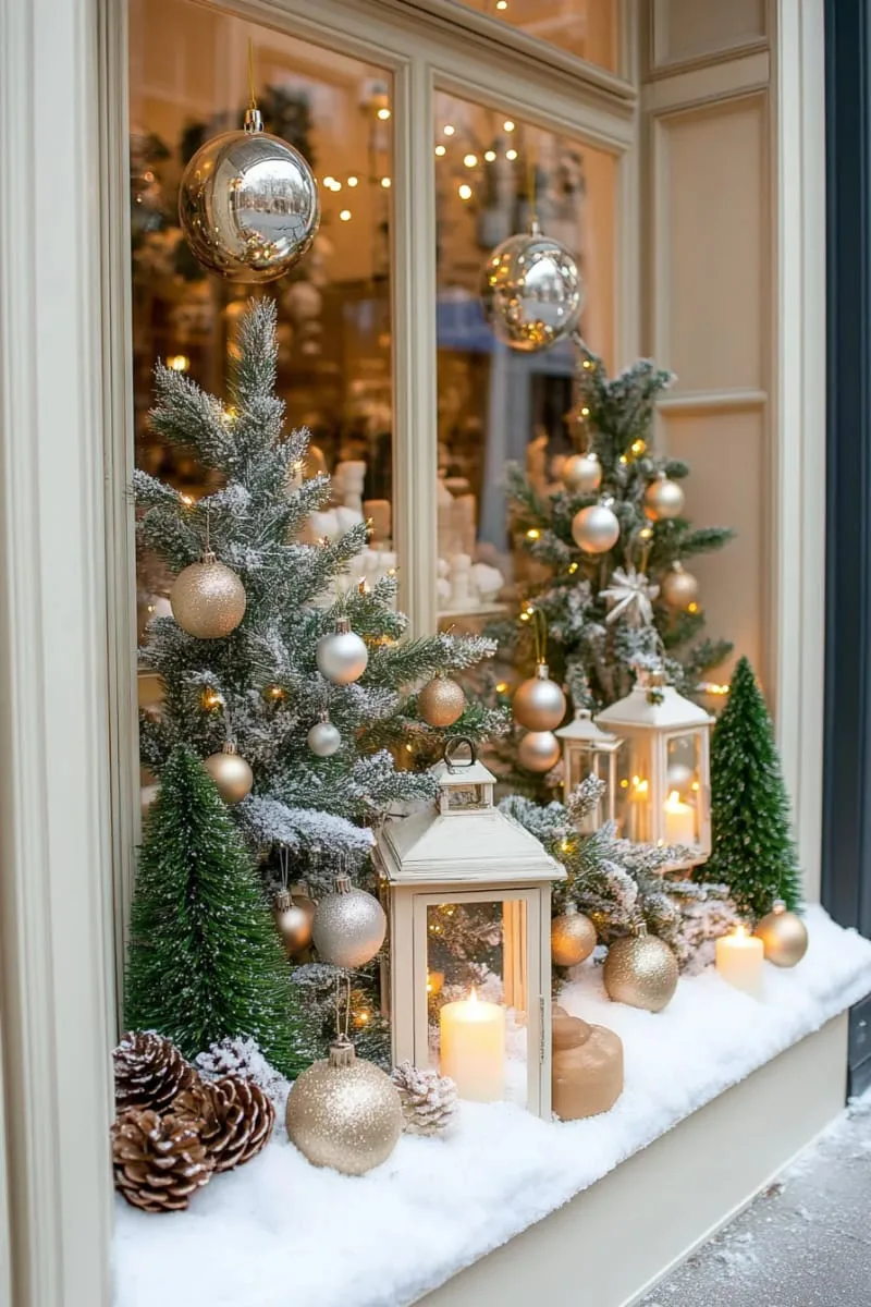 grand window displays with layers of snow-dusted trees and sparkling lanterns 1 grand window displays with layers of snow-dusted trees and sparkling lanterns 1