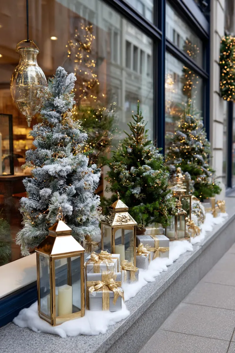 grand window displays with layers of snow-dusted trees and sparkling lanterns 1 grand window displays with layers of snow-dusted trees and sparkling lanterns 1