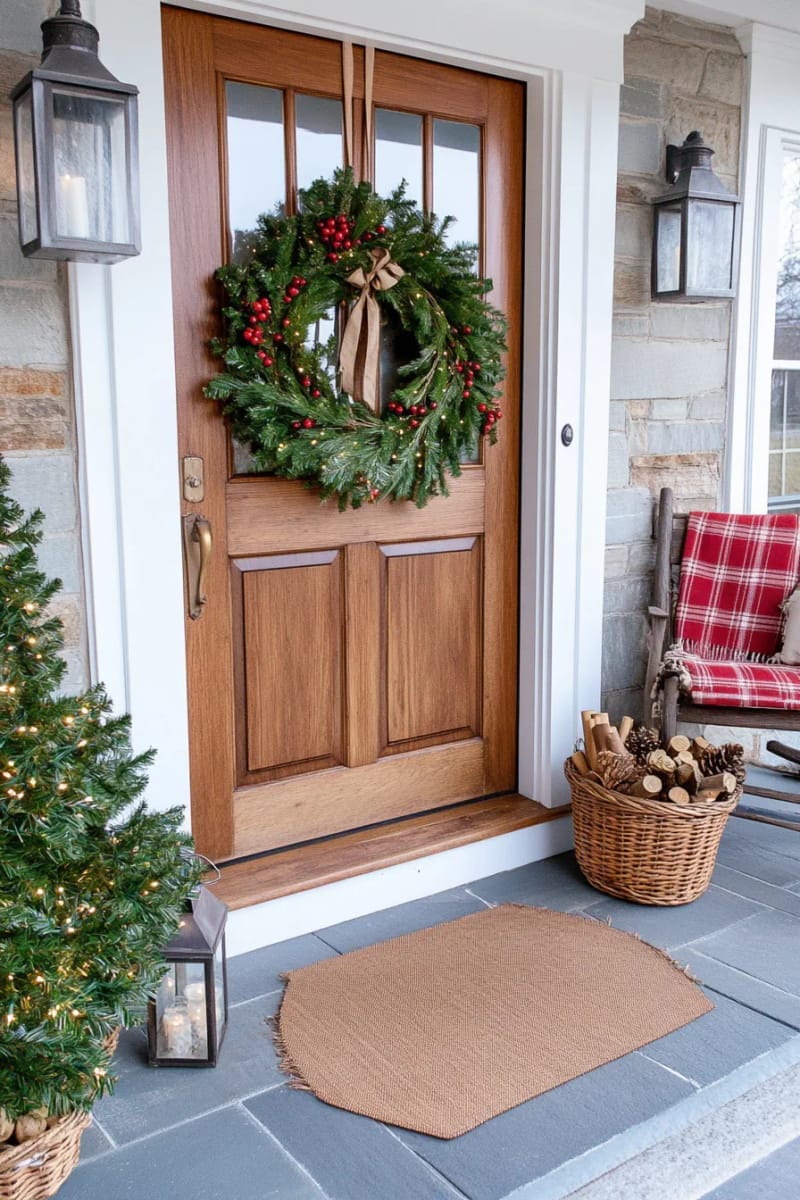 27 Beautiful Christmas Front Door Decor Ideas to Inspire 33 grapevine wreath with fresh holly, berries, and cinnamon sticks 1