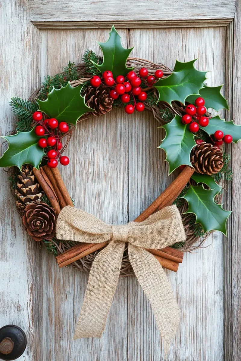 grapevine wreath with fresh holly, berries, and cinnamon sticks 1