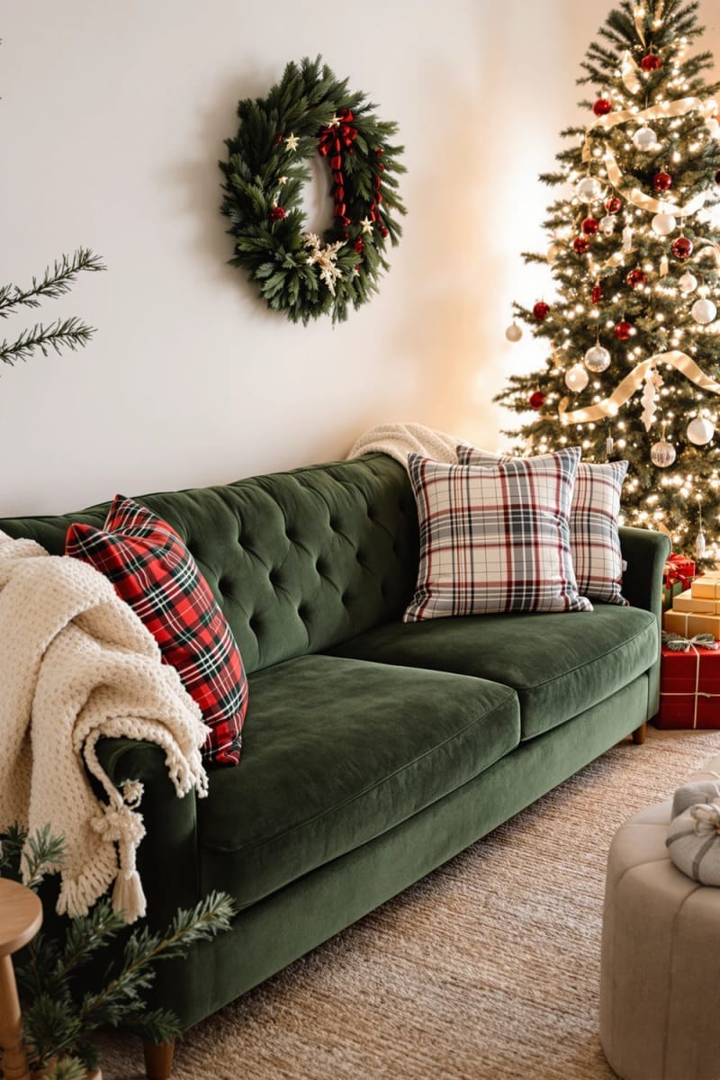 green velvet sofa with plaid holiday pillows and cozy chunky knit throws 1