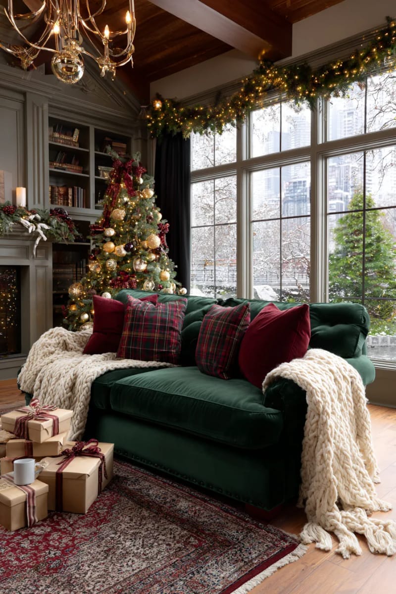 green velvet sofa with plaid holiday pillows and cozy chunky knit throws 1