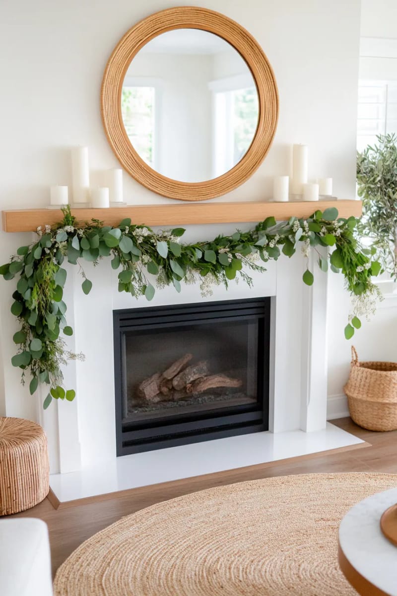 23 Minimalist Christmas Decor Ideas Perfect for a Modern Home 13 greenery garland draped simply over a minimal fireplace mantel 1