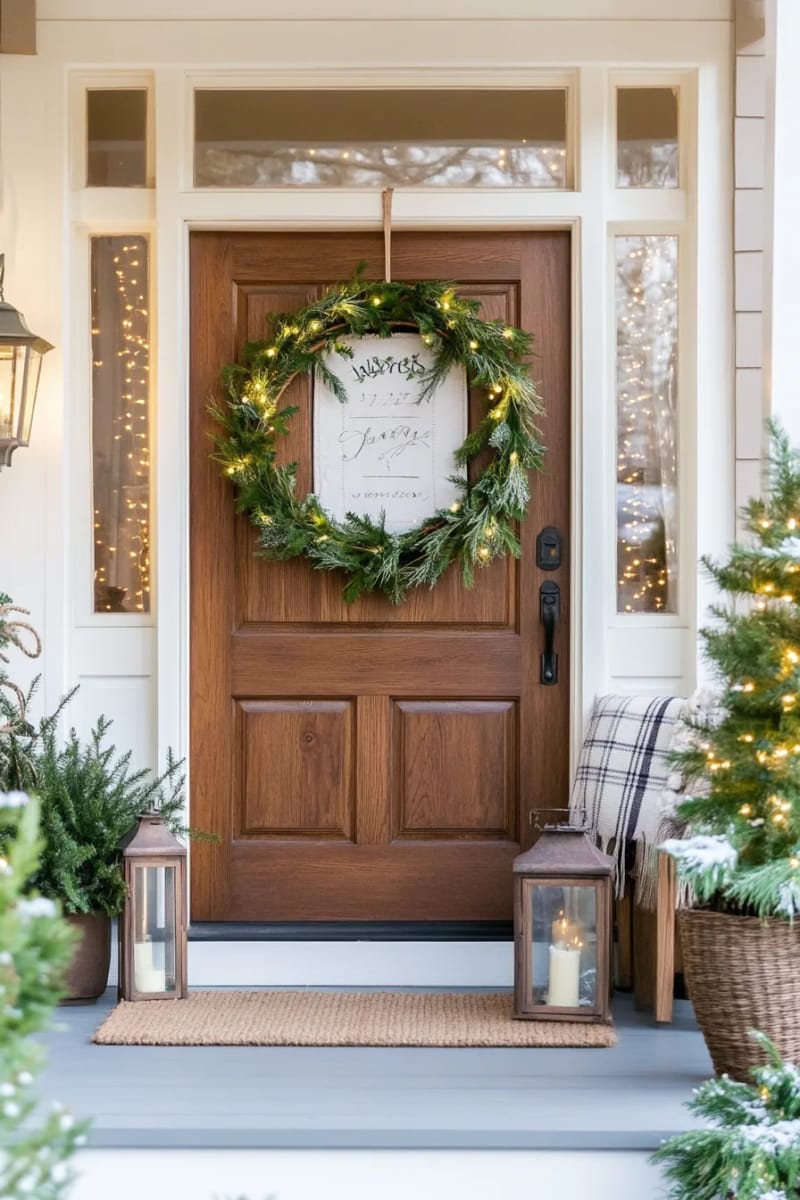 greenery-wrapped hoop with fairy lights as a door hanger 1