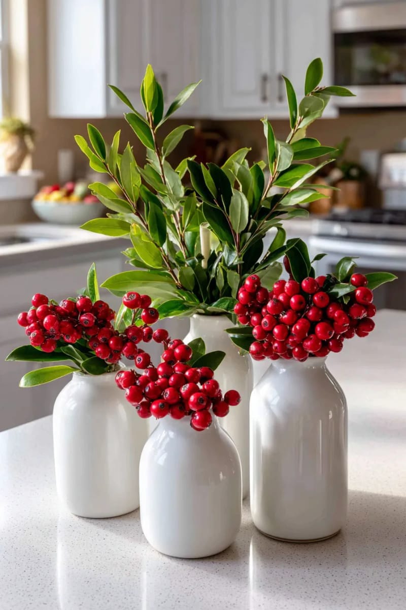 27 Stunning Winter Decor Ideas for a Stylish Retreat 62 group milk glass vases with sprigs of wintergreen and berries on your kitchen island. 1