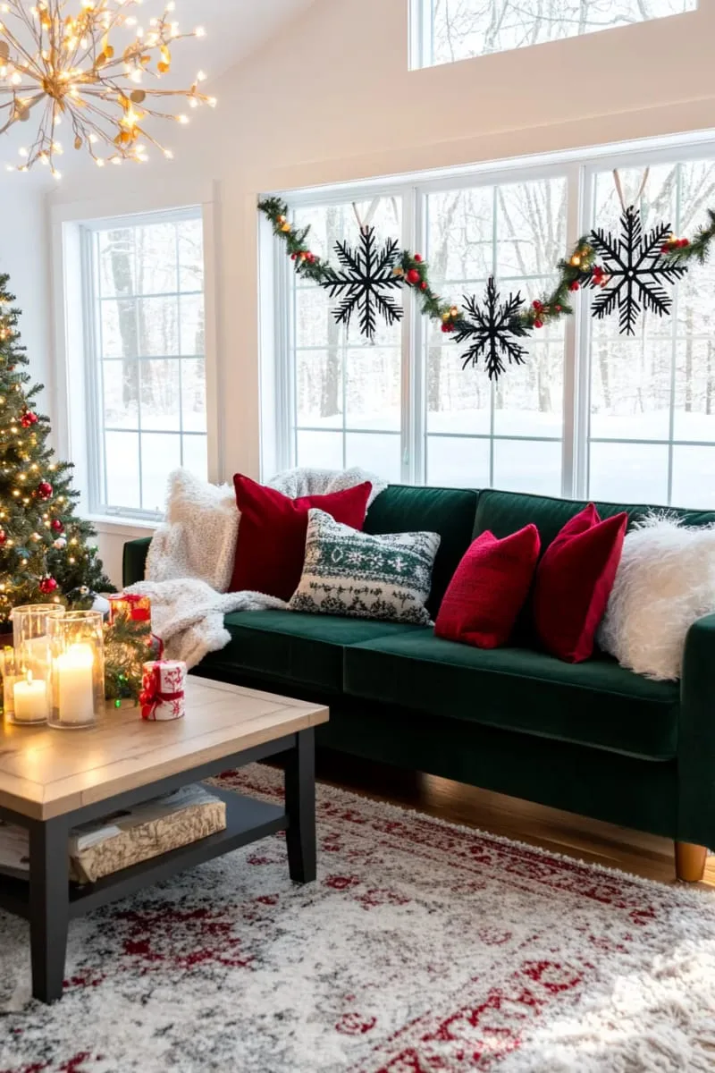 hand-cut black paper snowflakes strung as a window garland 1