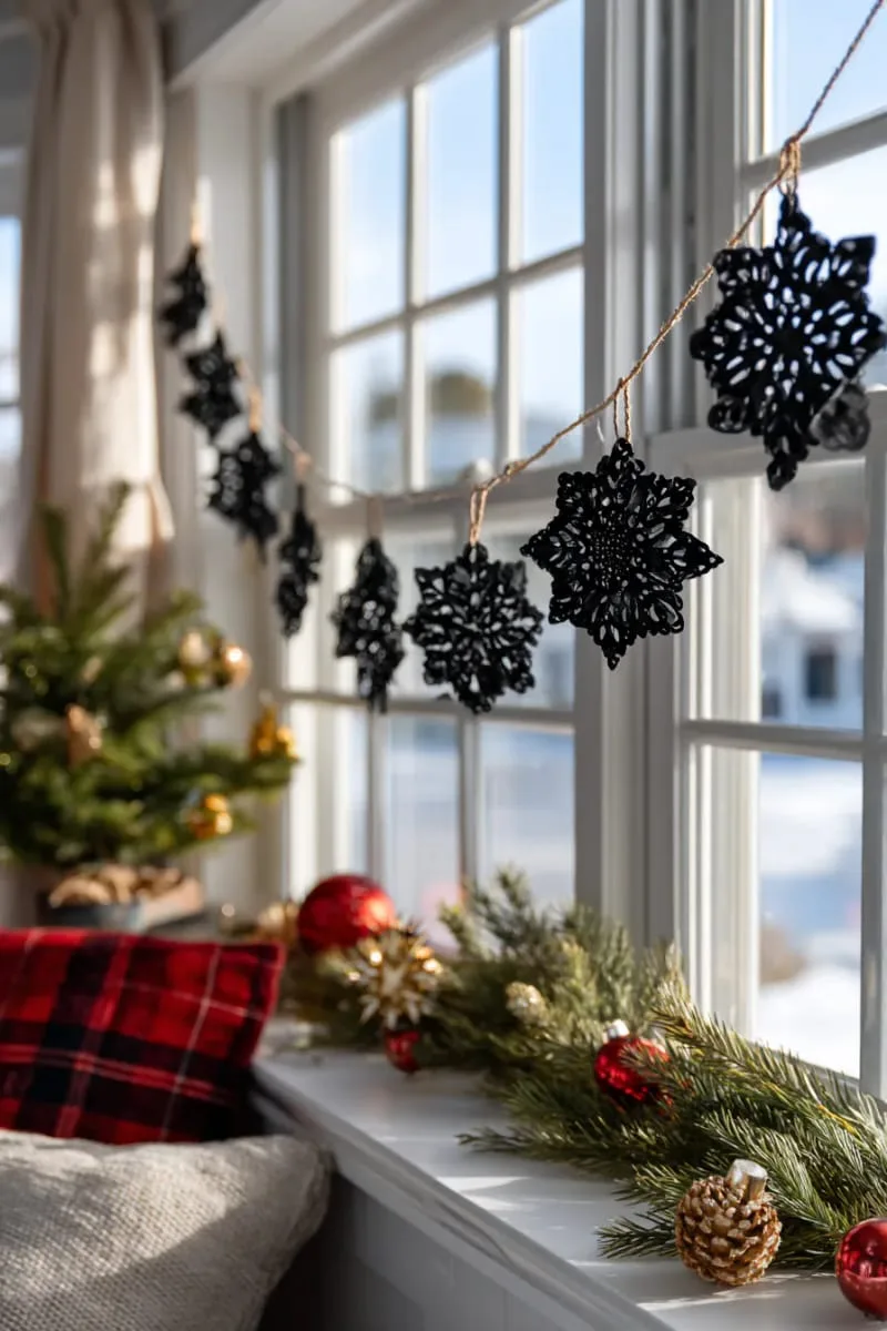 hand-cut black paper snowflakes strung as a window garland 1