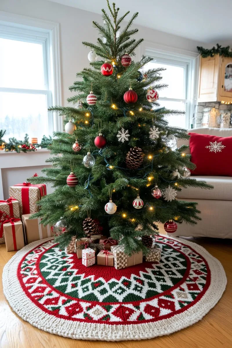 25 Traditional Christmas Decor Ideas with a Nostalgic Vintage Touch 35 hand-knitted tree skirt with classic nordic patterns and festive colors 1