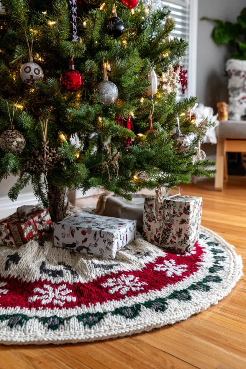 25 Traditional Christmas Decor Ideas with a Nostalgic Vintage Touch 36 hand-knitted tree skirt with classic nordic patterns and festive colors 1