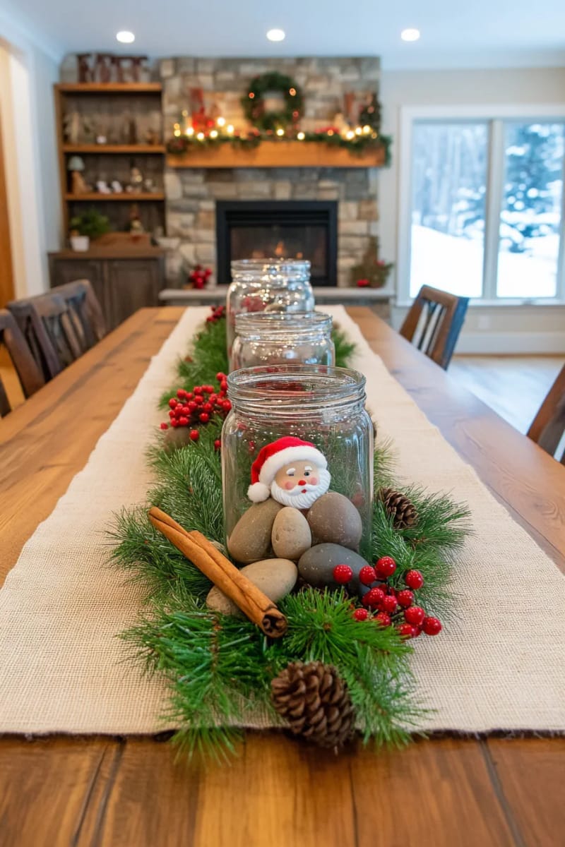 27 Unique Christmas Craft Decorations for Inspired Homes 47 hand-painted rock santas displayed in glass jars for a rustic centerpiece 1